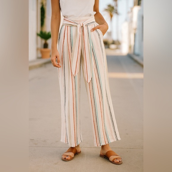 CLOTH & STONE | Multicolour Striped Linen Rayon Pants with Raw Hem - Picture 1 of 10